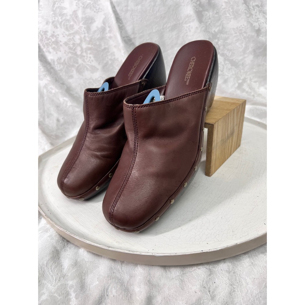 Cherokee Blanche Brown Leather Clogs Studded Platform Mules 11 096093399